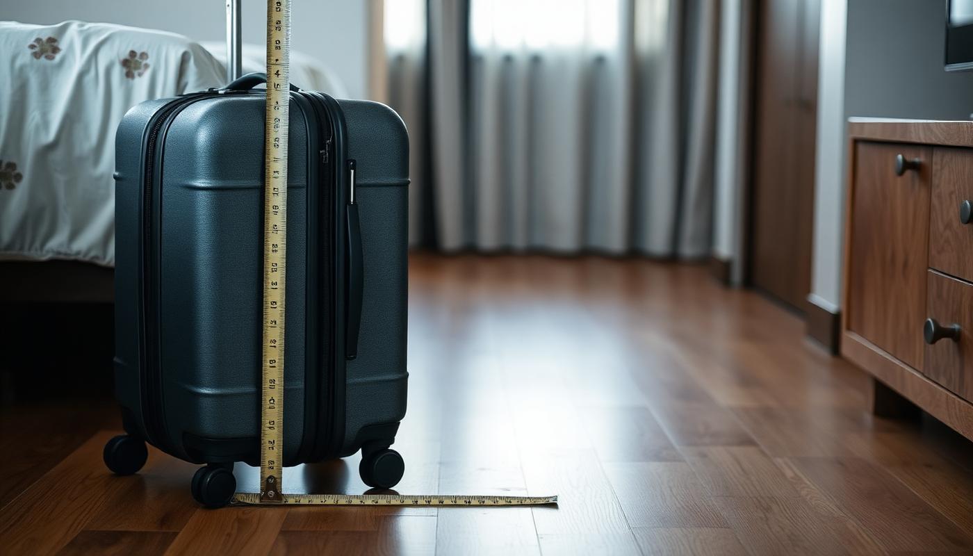 Traveller wheeling a carry-on suitcase through a departures hall toward security