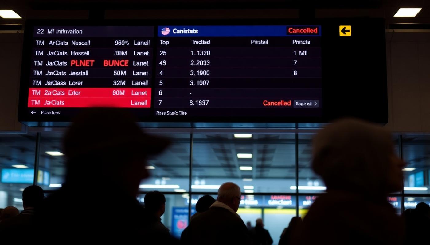 Airport departure board showing a cancelled flight in red with travellers waiting below