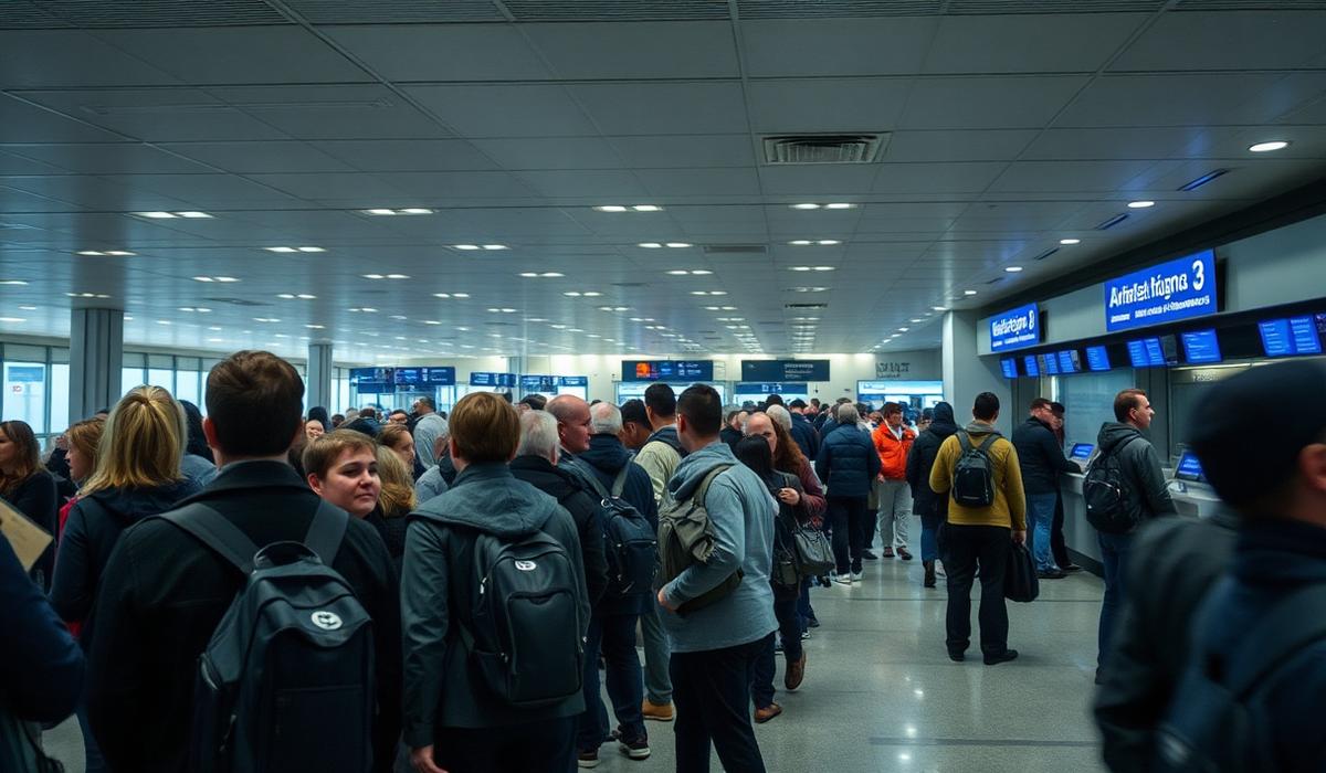 Long line of passengers waiting at an airline rebooking desk in a terminal