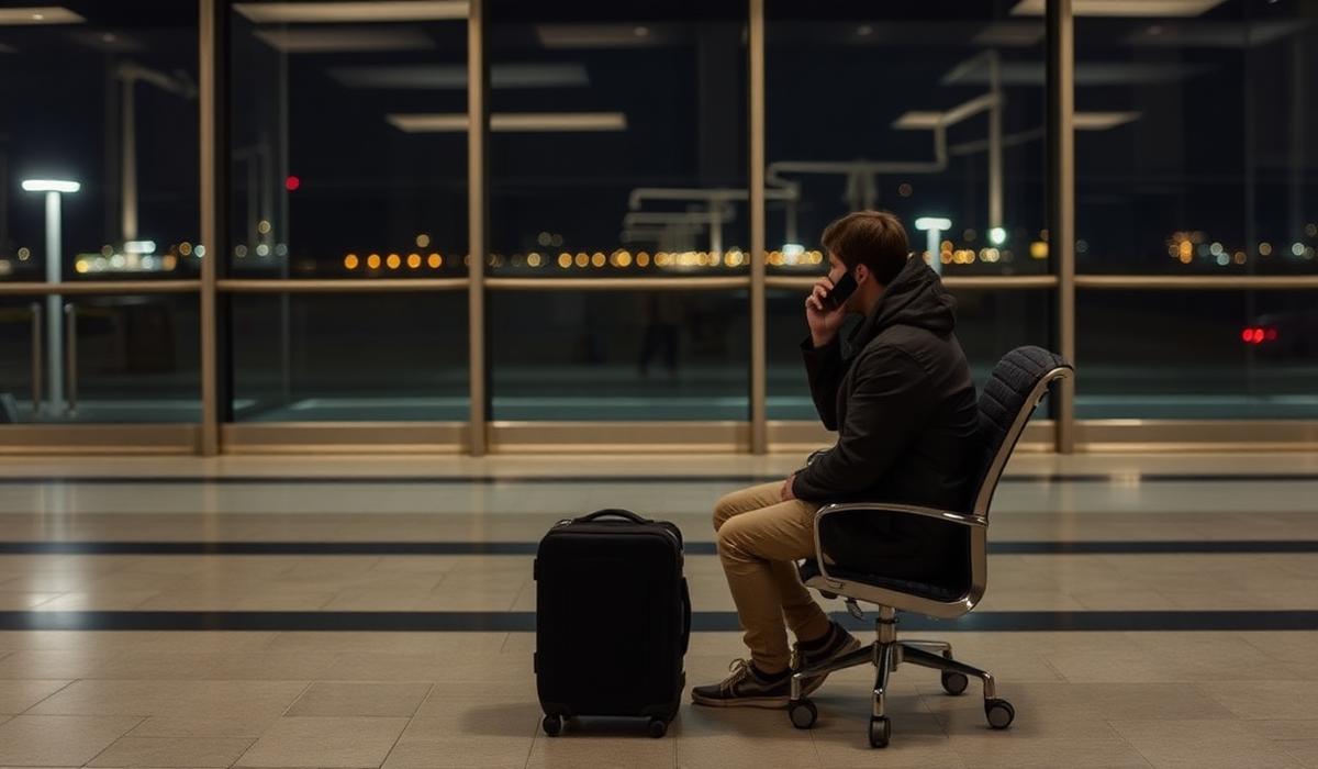 Traveller sitting alone in an empty airport gate area at night making a phone call