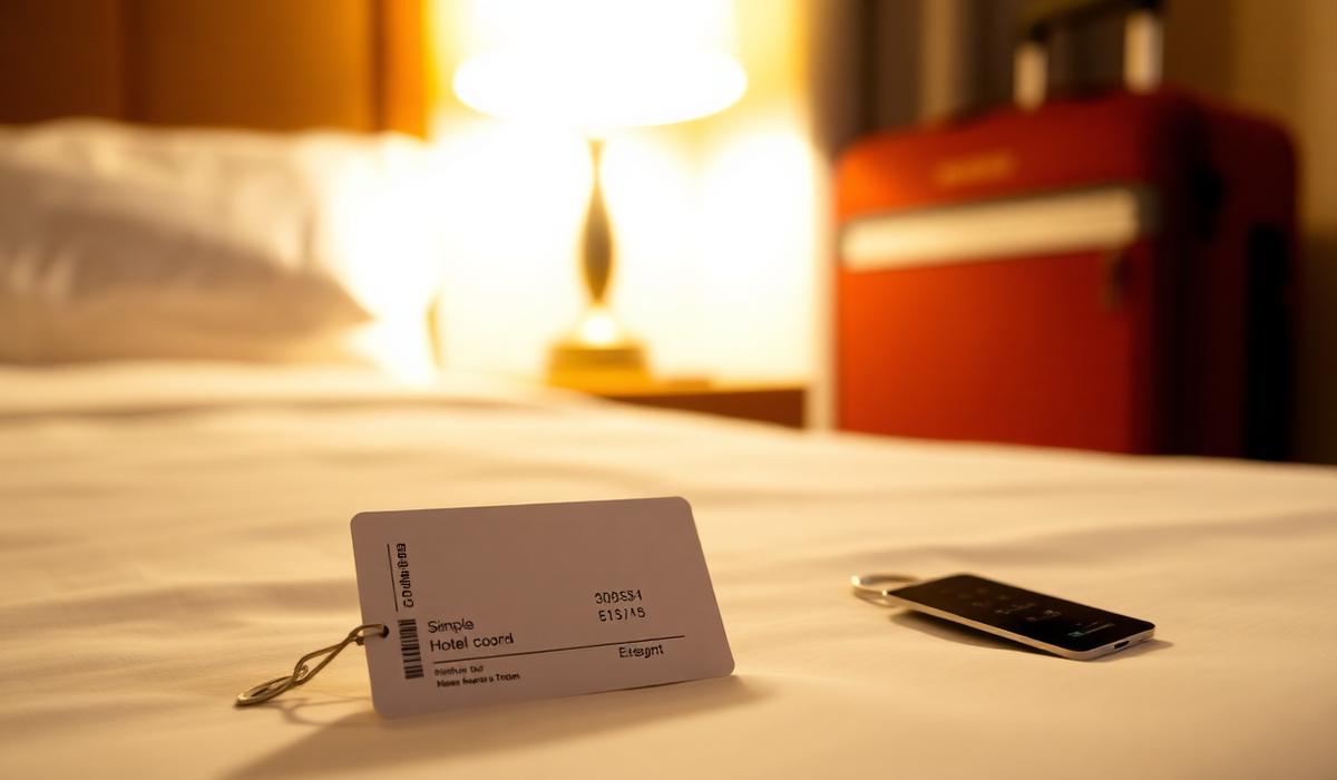 Hotel key card and receipt on a bedside table with a suitcase in the background
