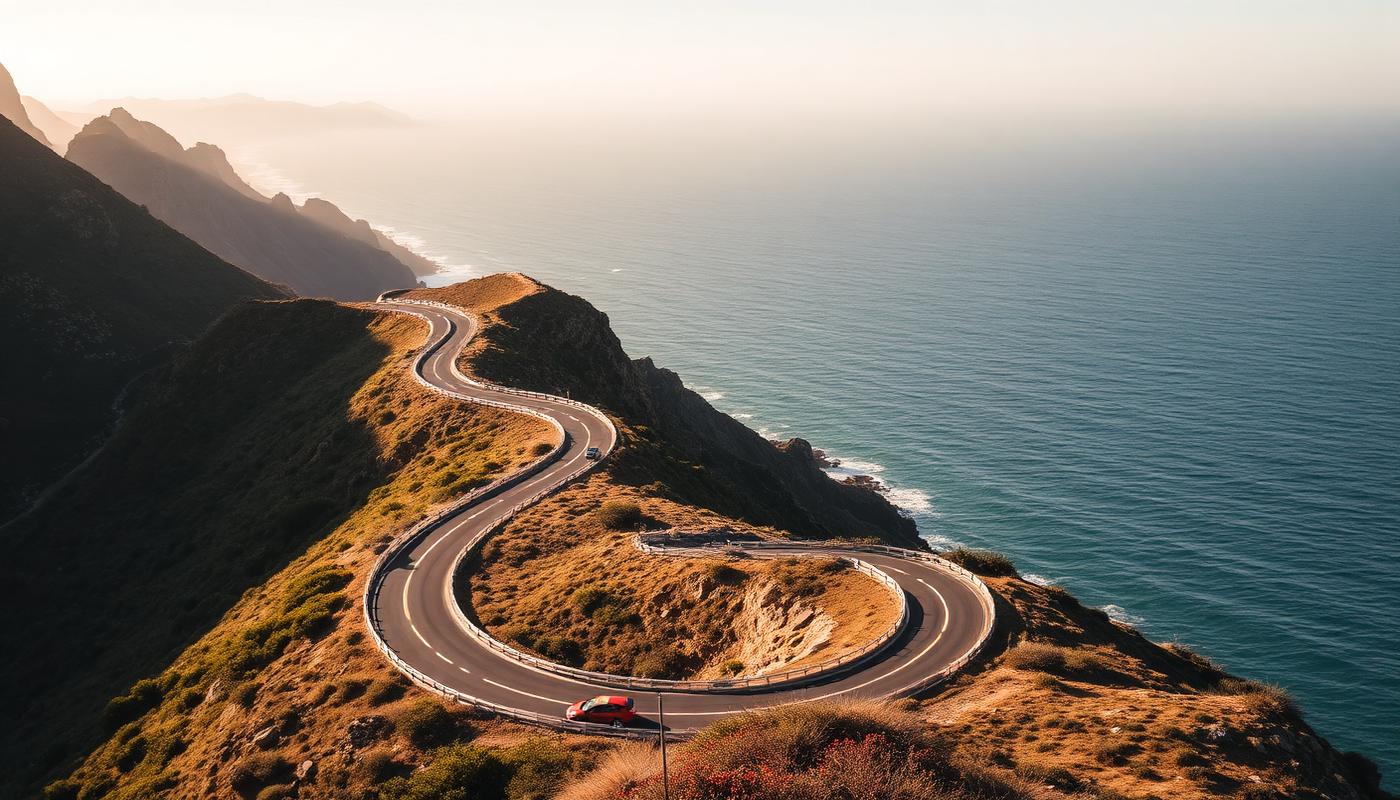 Coastal road carved into cliffs above the Atlantic on the Cape Peninsula