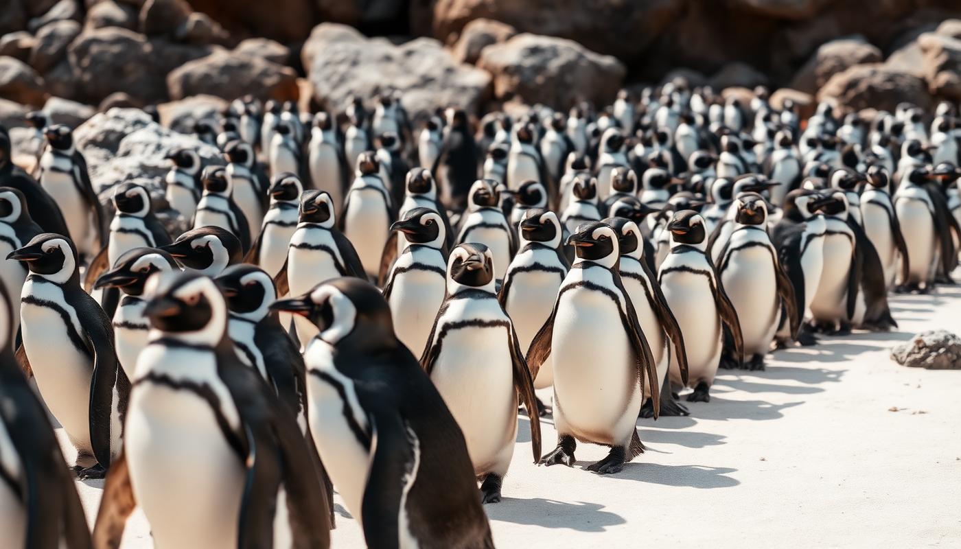African penguins standing on granite boulders and white sand at a Cape beach