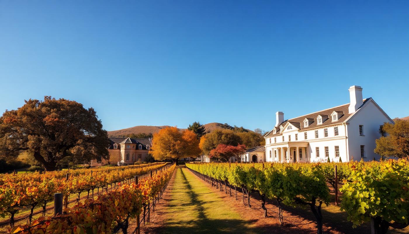 Rows of vines in front of whitewashed Cape Dutch buildings and mountains