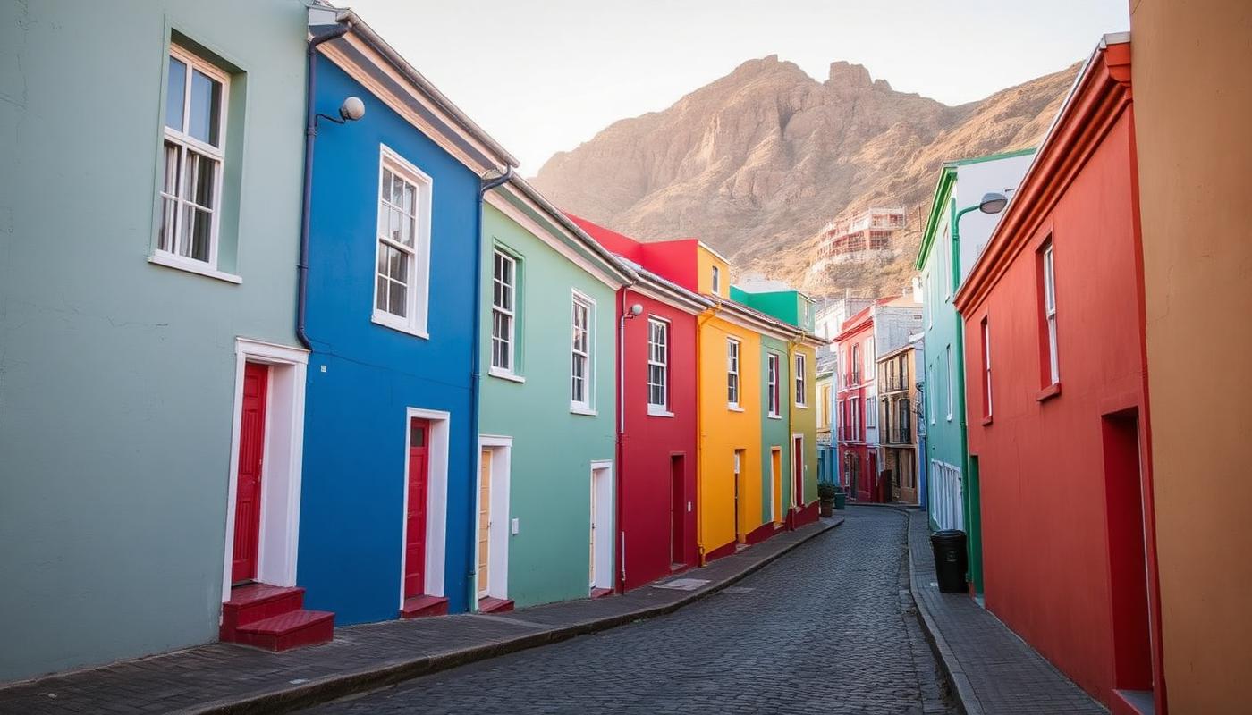 Brightly painted houses in the Bo-Kaap neighbourhood with Table Mountain behind
