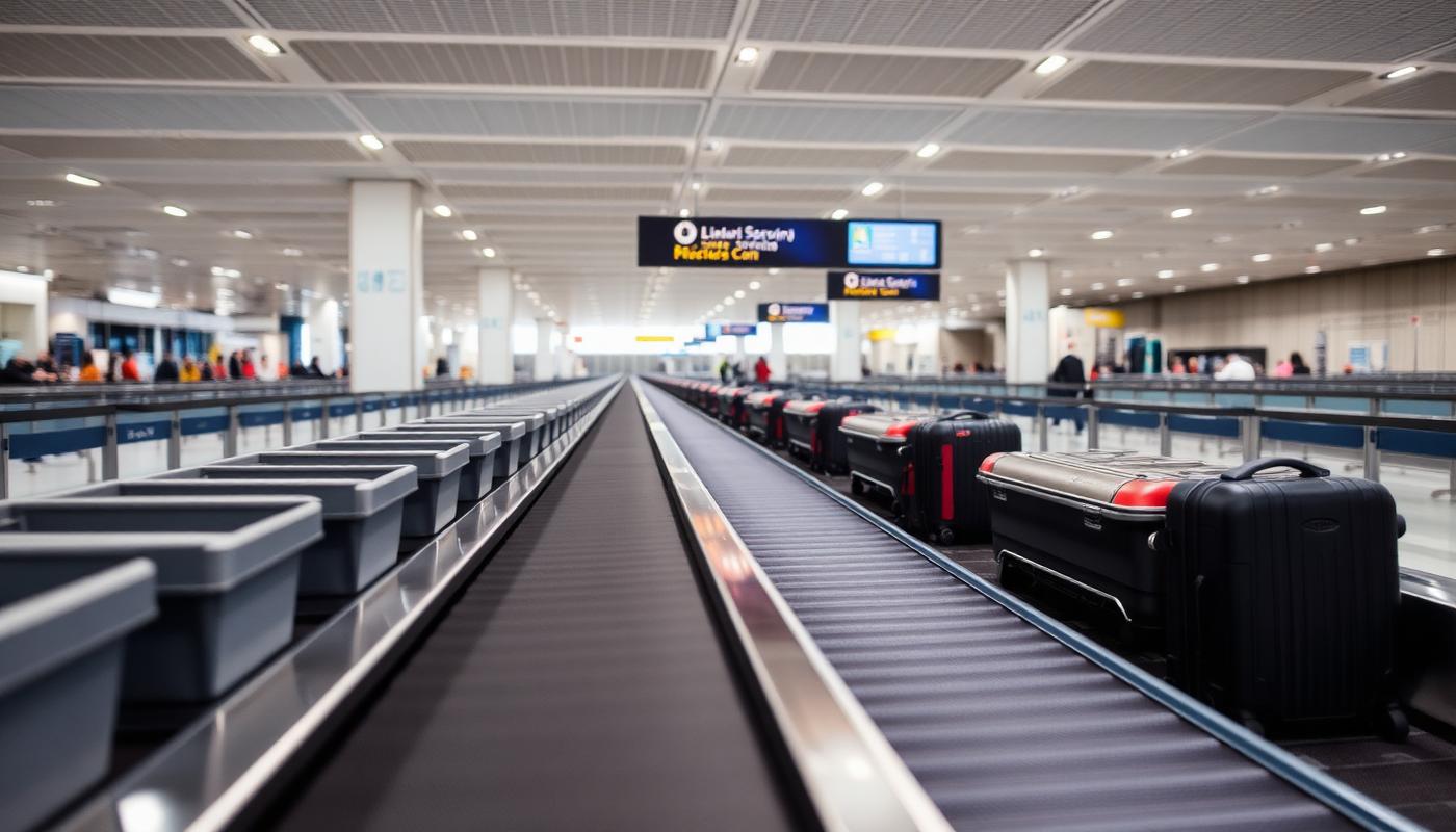 Airport security screening lane with grey trays and hand luggage on the conveyor belt