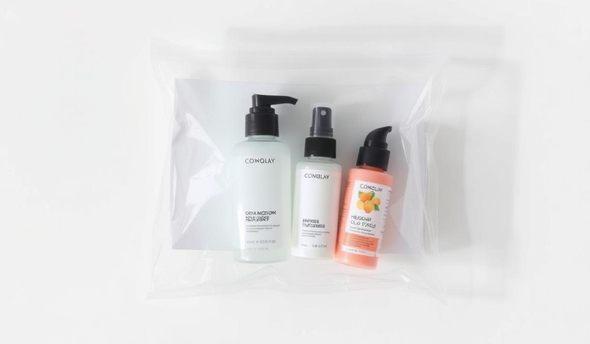 Clear resealable bag holding small travel size toiletry bottles