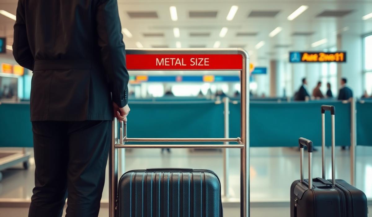 Metal cabin bag size checker at an airline boarding gate with a suitcase beside it
