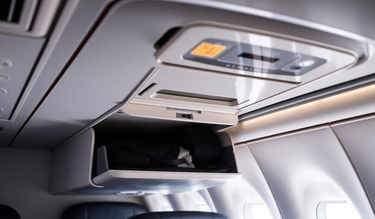 Open overhead bin inside an aircraft cabin with bags being stowed