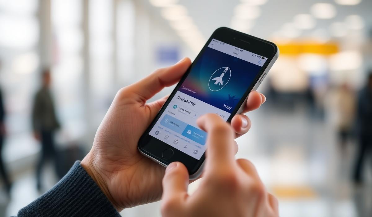 Hands holding a smartphone showing a travel app inside an airport terminal