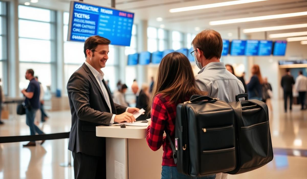 Airline agent helping travellers at a bright airport ticket counter