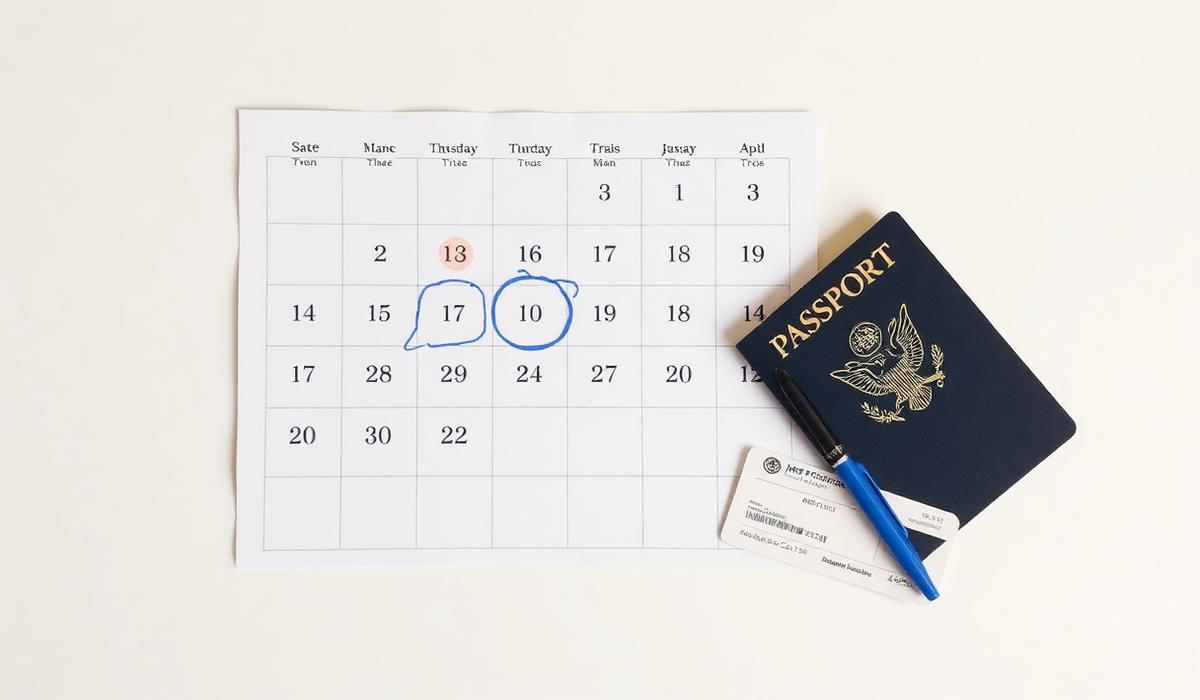 Paper calendar with travel dates circled in blue pen next to a passport and boarding pass