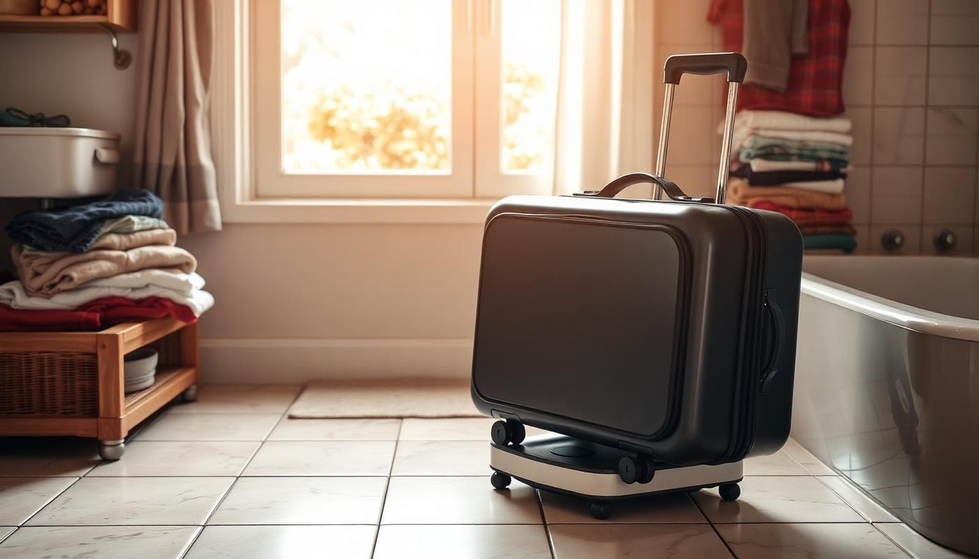 Traveller checking in a large suitcase at an airline counter with a weight scale in view