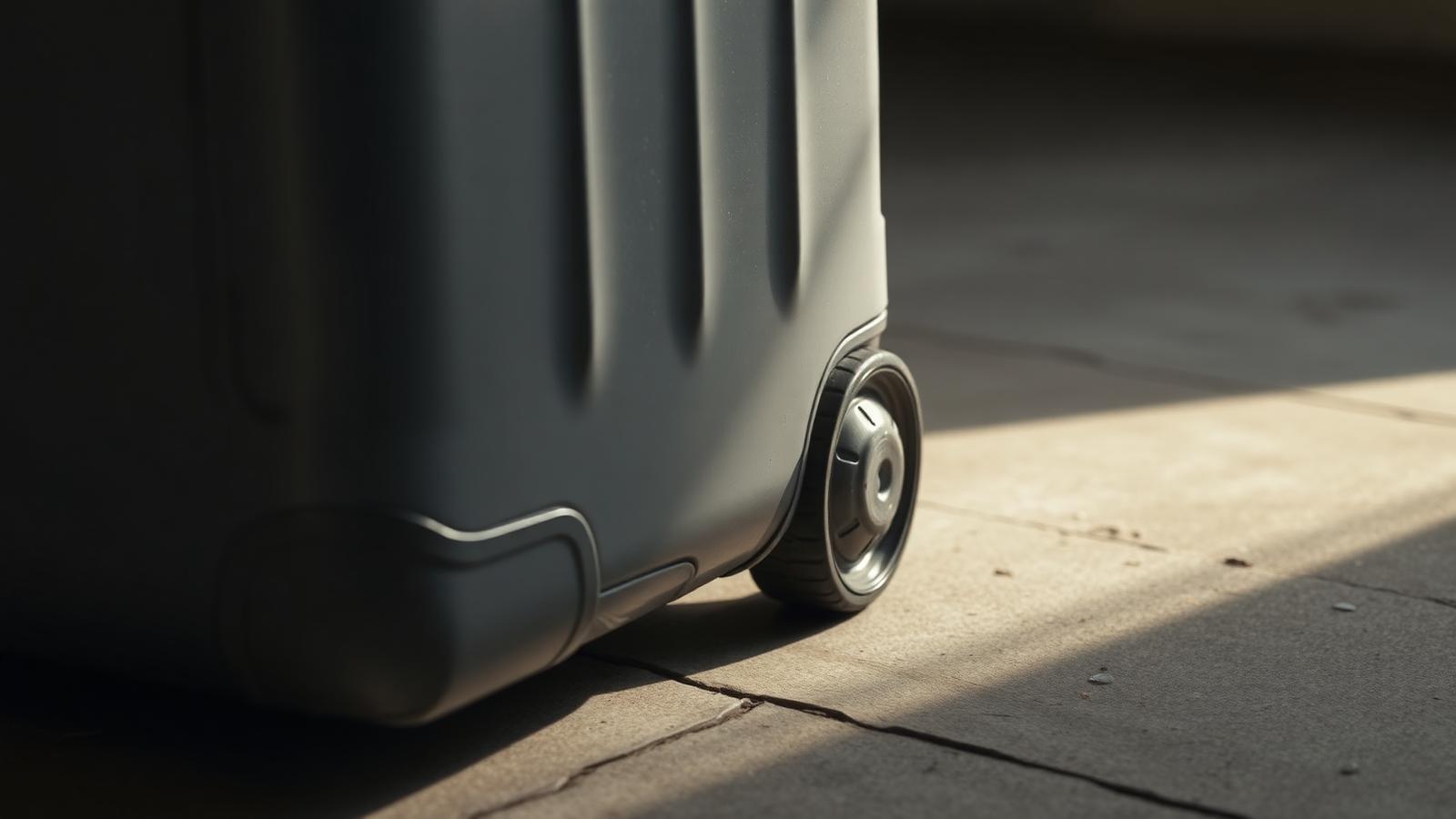 Traveller inspecting a cracked suitcase shell at an airport baggage claim area