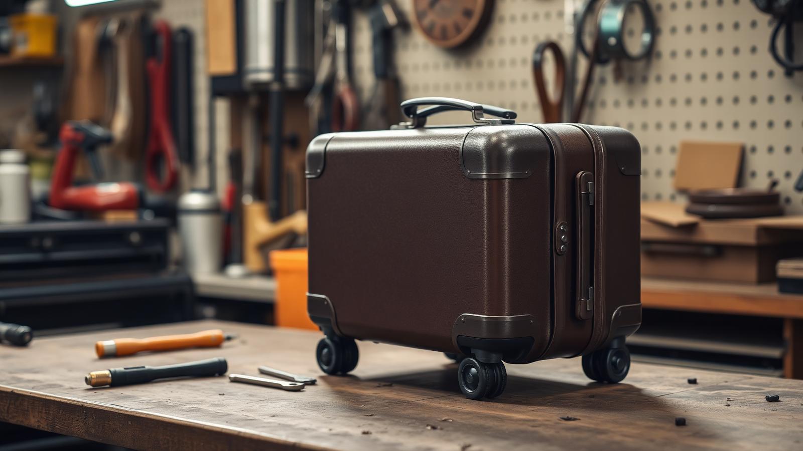 Suitcase missing one wheel standing on an airport floor