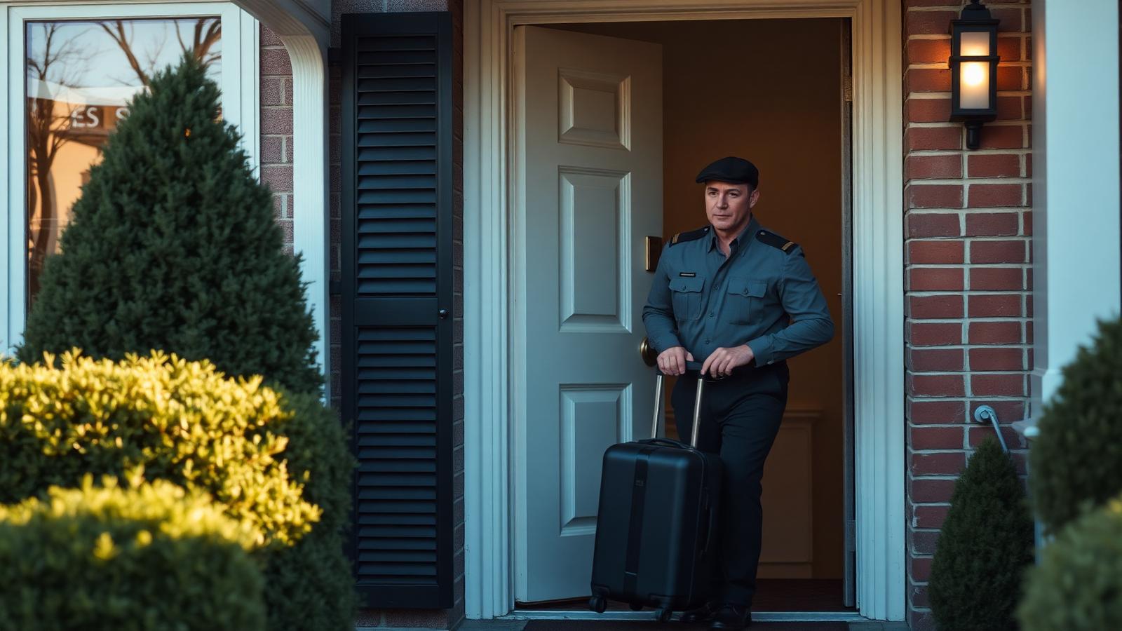 Courier delivering a suitcase to a hotel room door