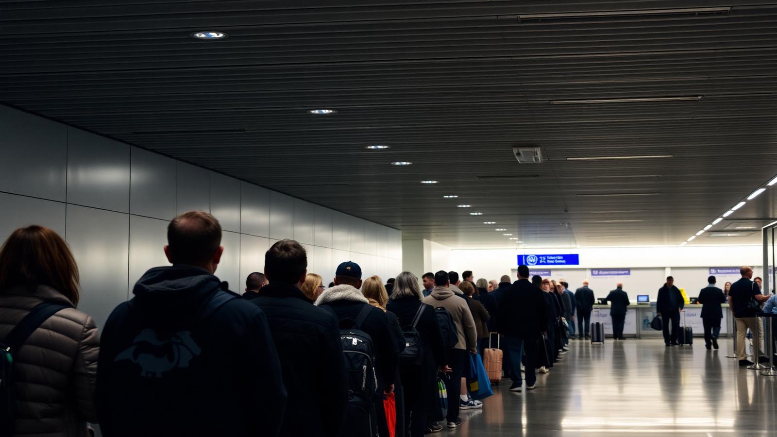 Passengers waiting at a departure gate as an agent makes an announcement about an oversold flight