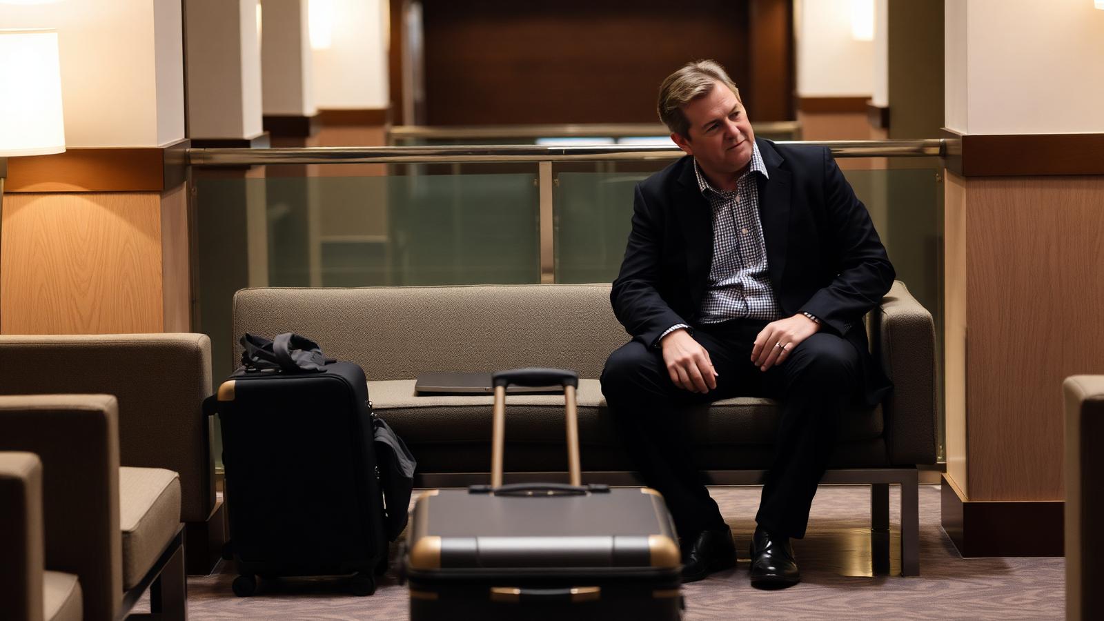 Traveller filling out a compensation claim form on a tablet in an airport lounge