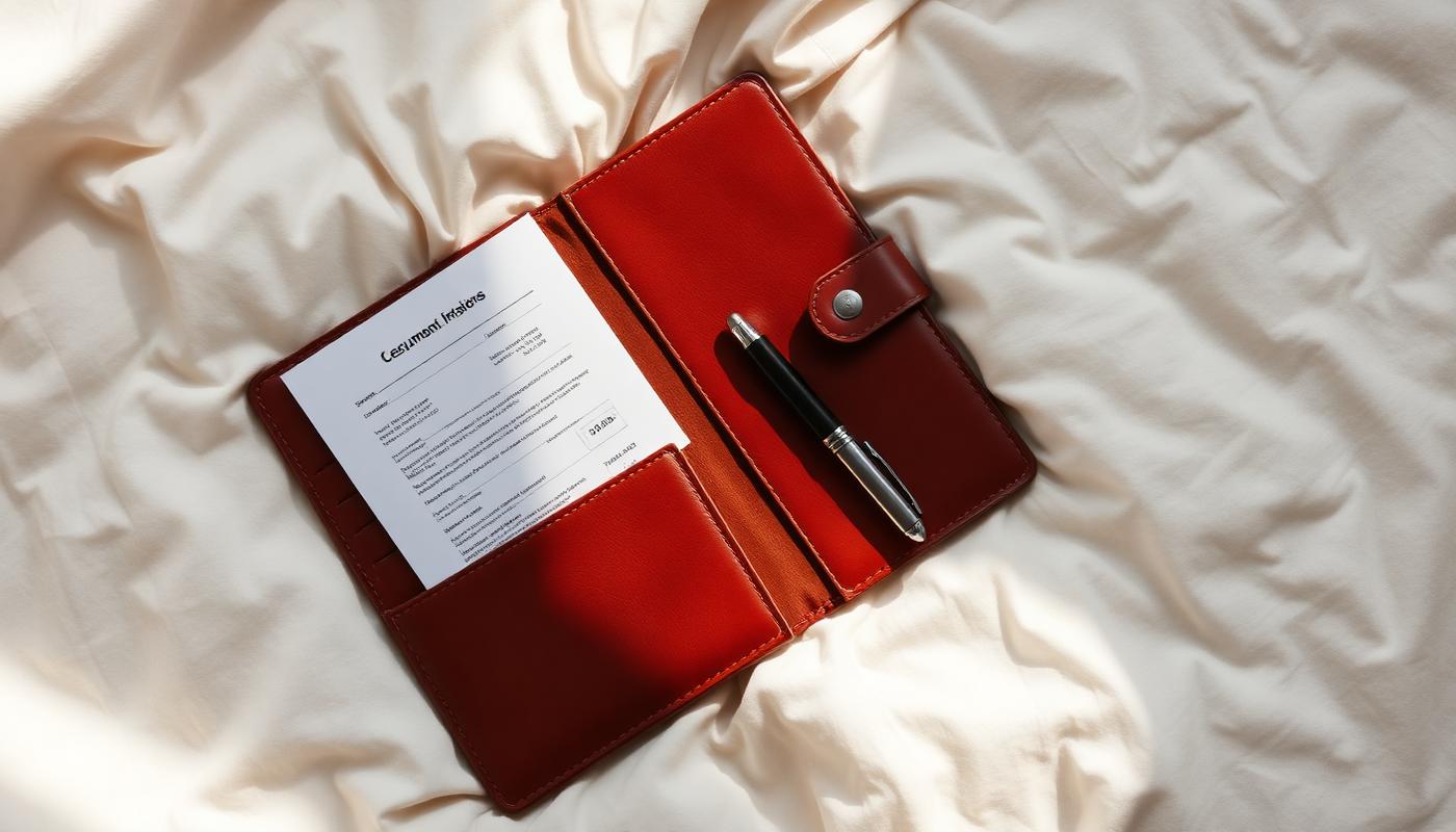 Traveller organising a stack of passports and printed documents on a desk before a trip