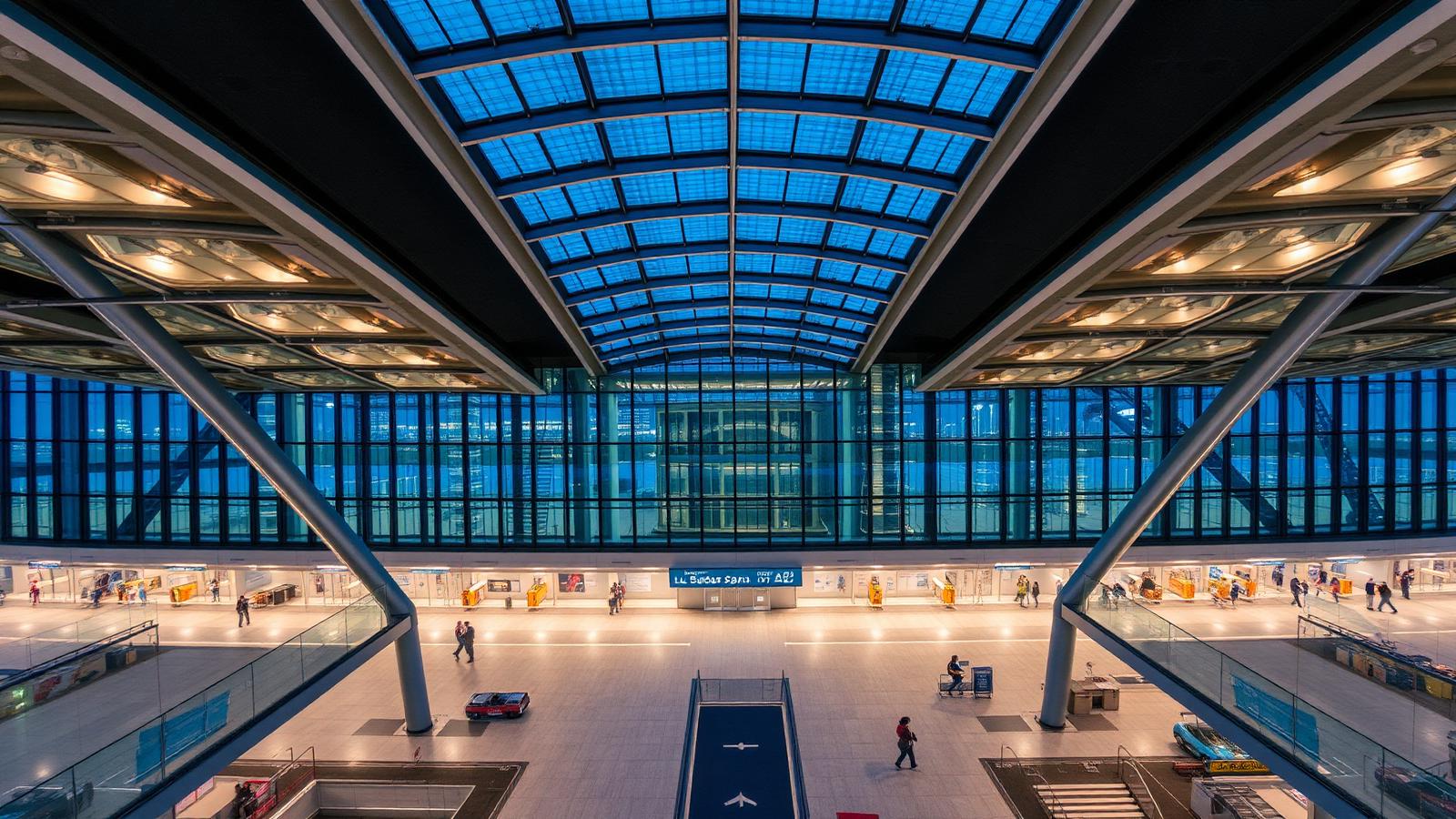 Modern airport terminal interior at blue hour seen from above