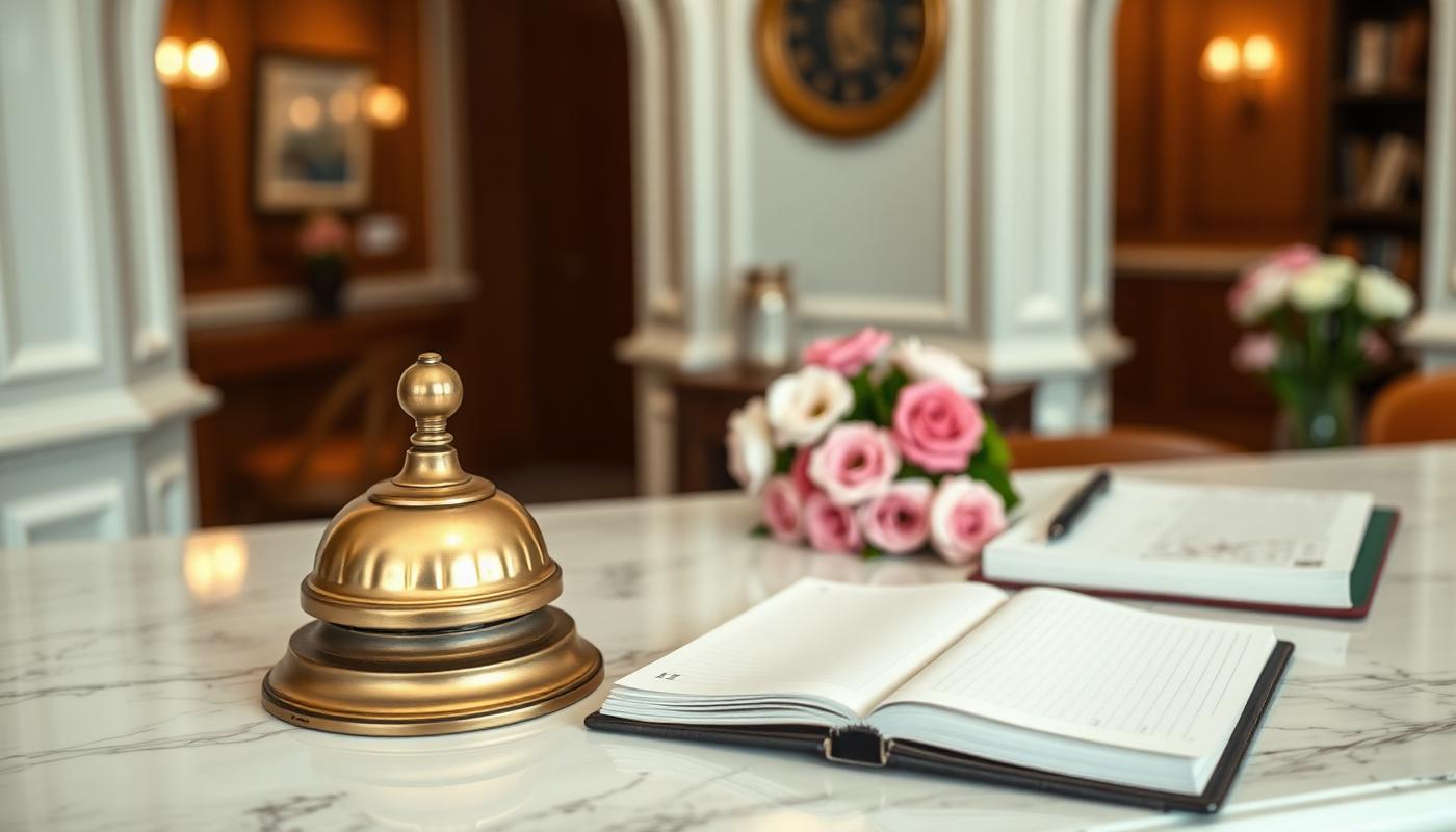 Modern hotel reception desk with a guest checking in during daytime