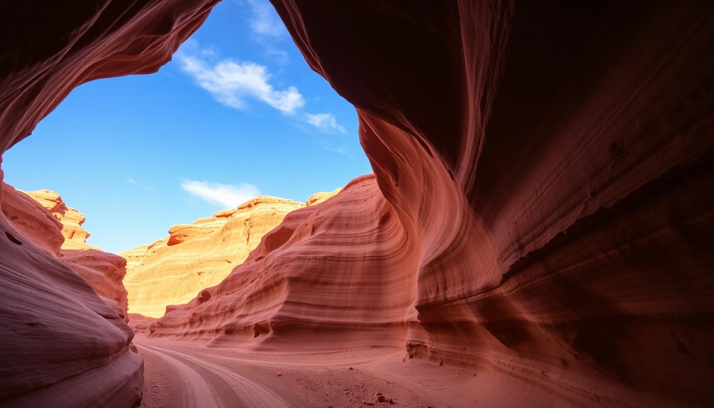 Narrow red sandstone canyon passage in Jordan with a sliver of blue sky above