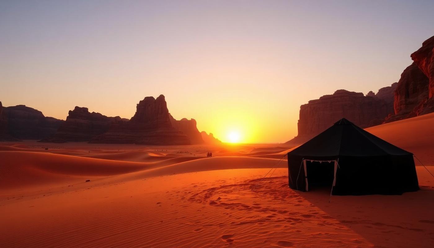 Black bedouin tents pitched among red sand dunes and rock massifs at sunset