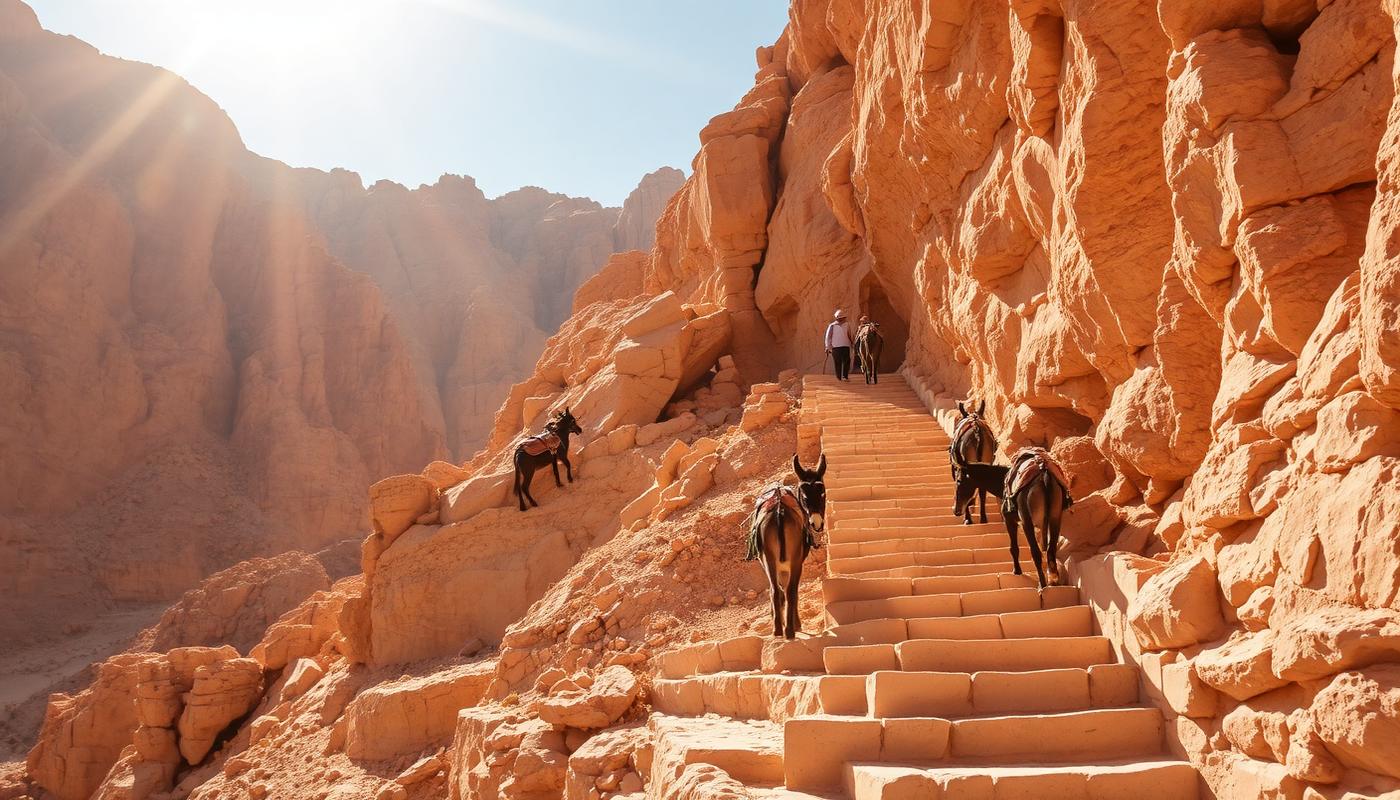 Rock cut stone stairway climbing a desert mountain with donkeys resting nearby