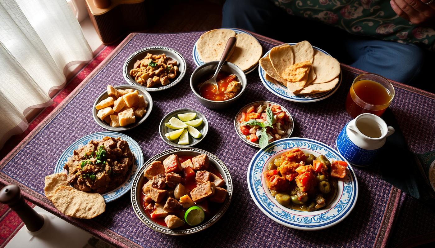 Jordanian mezze dishes and flatbread laid out on a low patterned table with mint tea