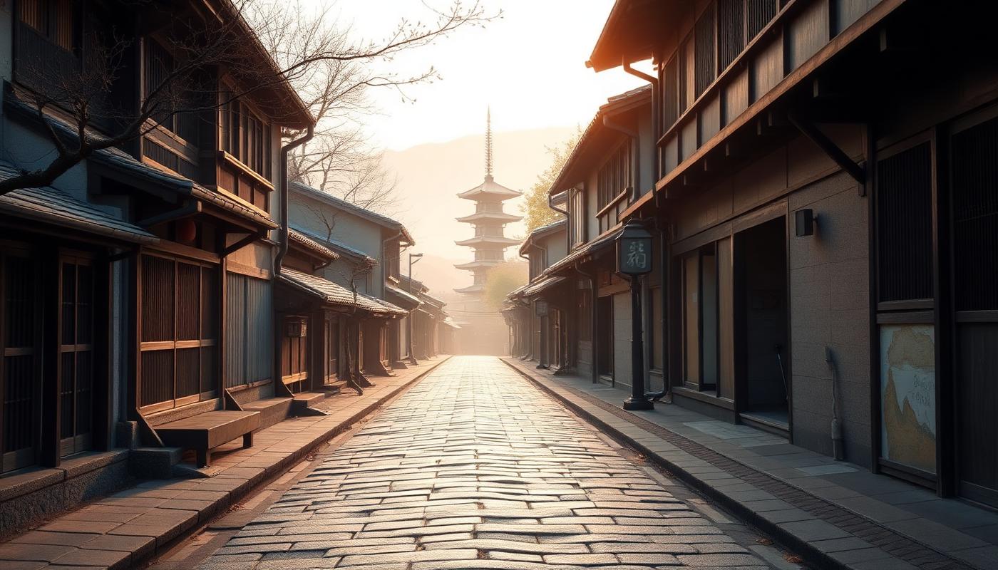 Stone lane in the Higashiyama district of Kyoto with wooden machiya houses at dawn