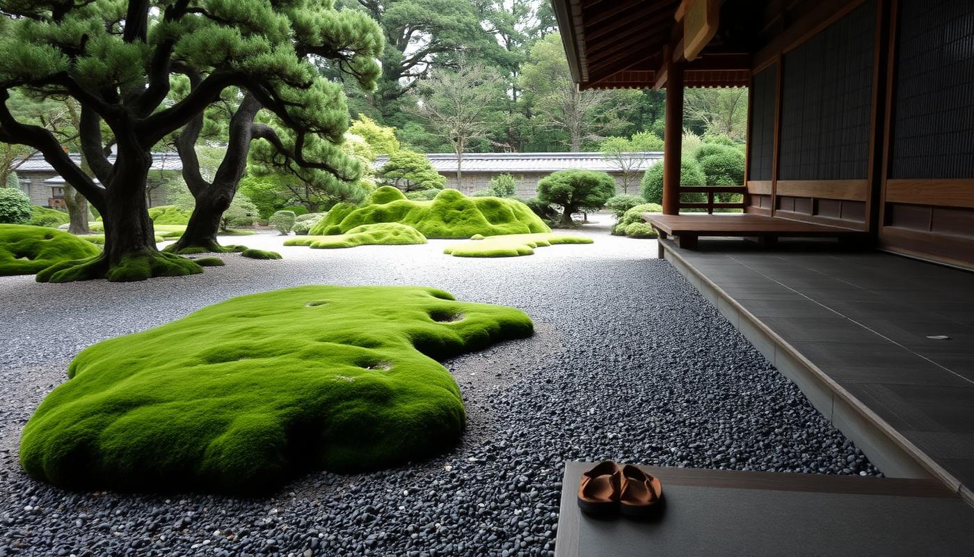 Raked gravel and moss covered stones in a Zen temple garden in Kyoto