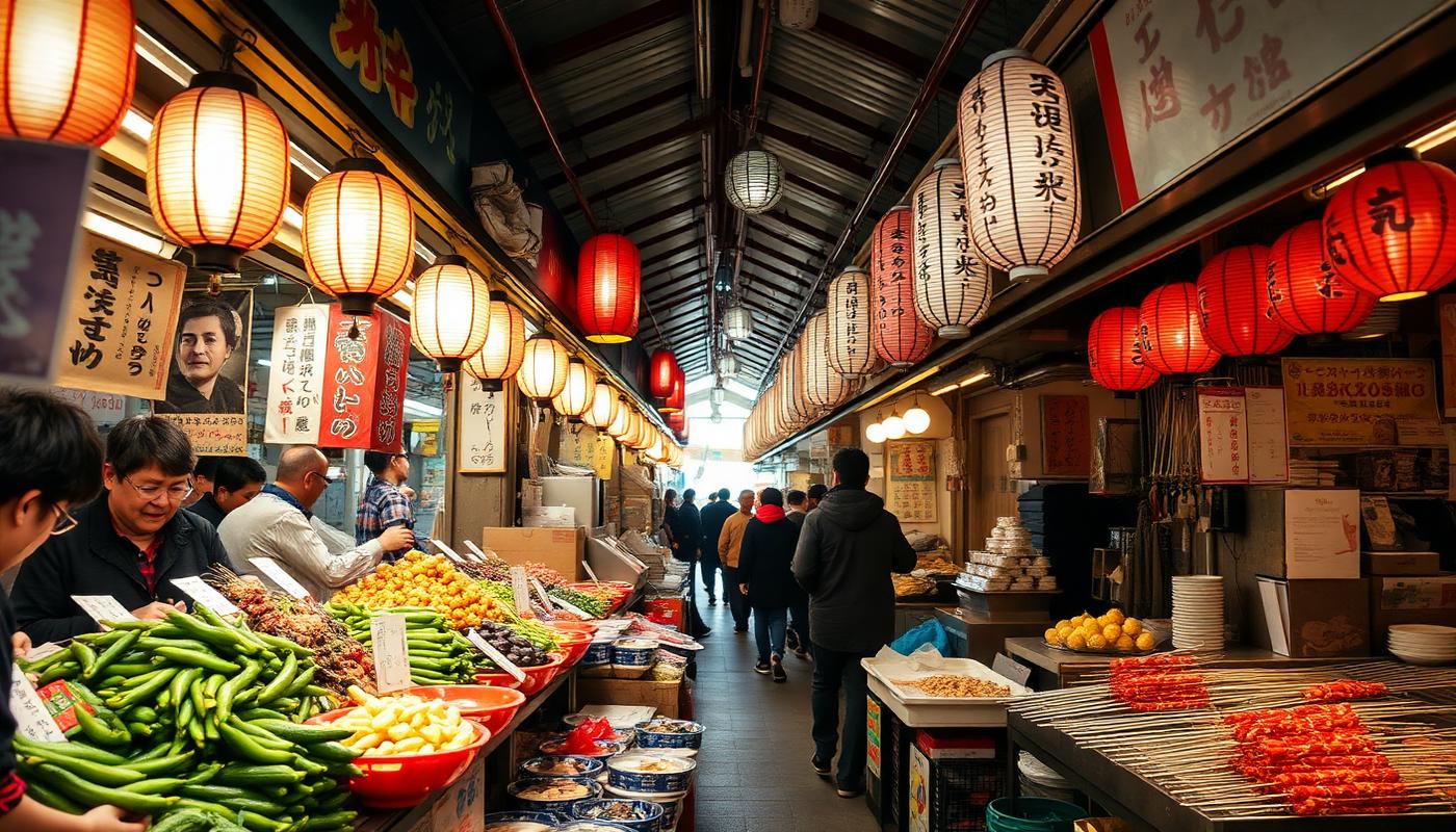 Covered market arcade in Kyoto with stalls selling pickles and grilled skewers