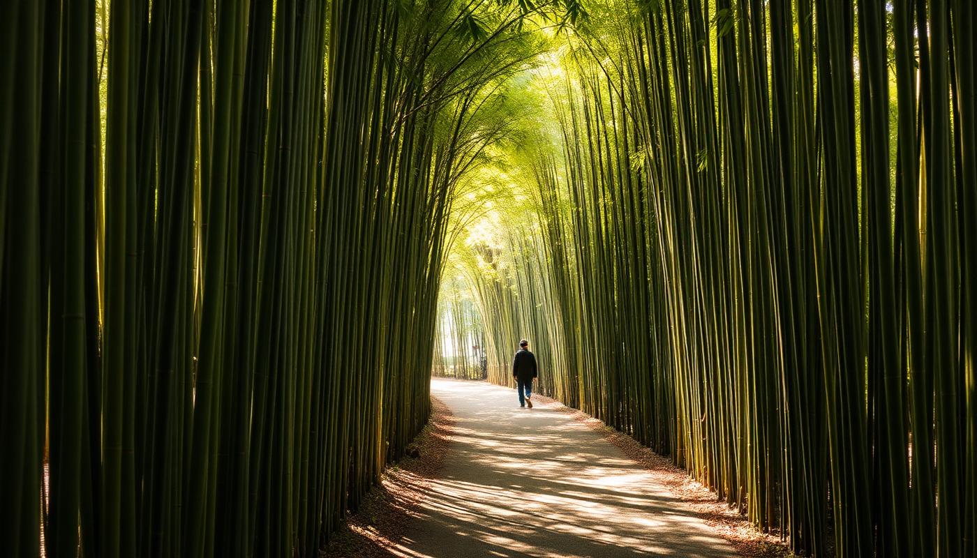 Tall bamboo stalks lining a narrow walking path in Arashiyama
