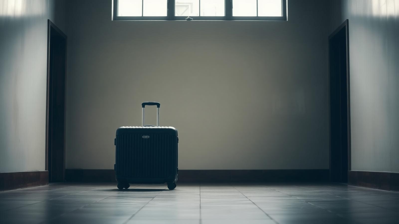 Passenger standing at an empty baggage carousel looking at a phone after a flight has landed