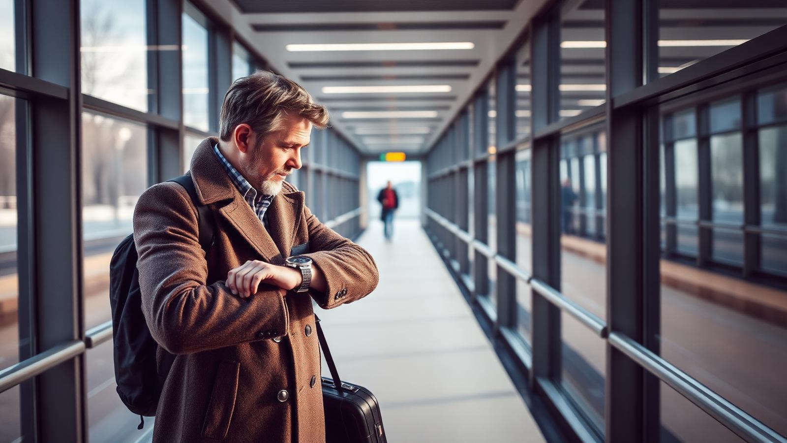 Traveller checking a departure board after arriving late for a connecting flight