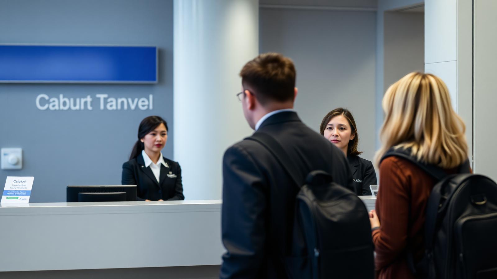 Airline transfer desk with an agent rebooking a passenger onto a later flight