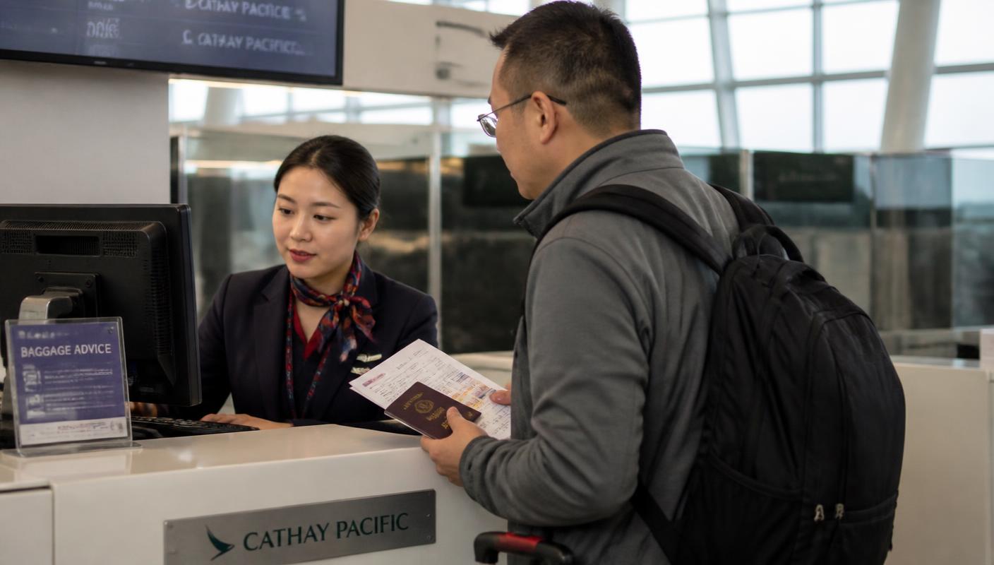 Customer service desk at an airport with a queue of travellers waiting to speak to an agent