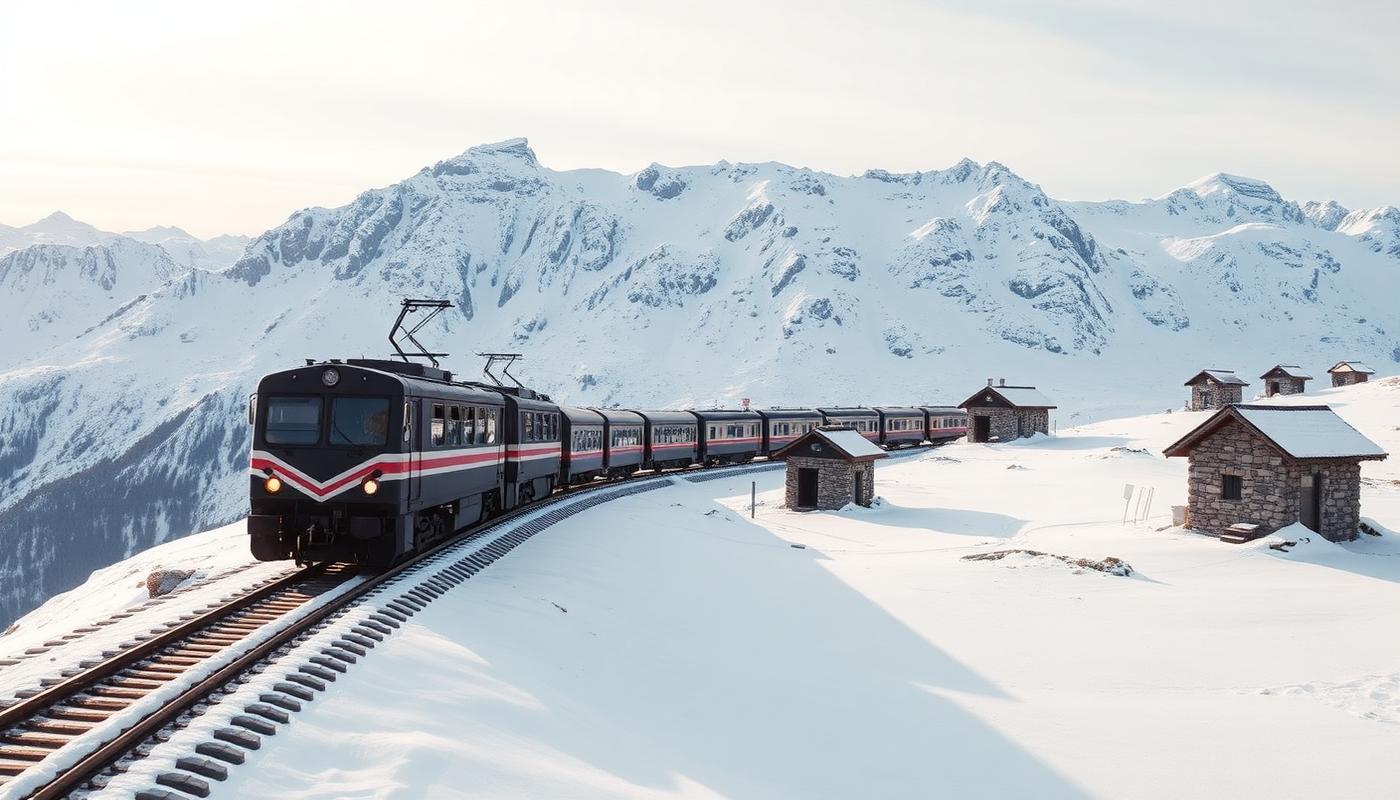 Train crossing a bare mountain plateau with patches of snow under a wide sky in Norway