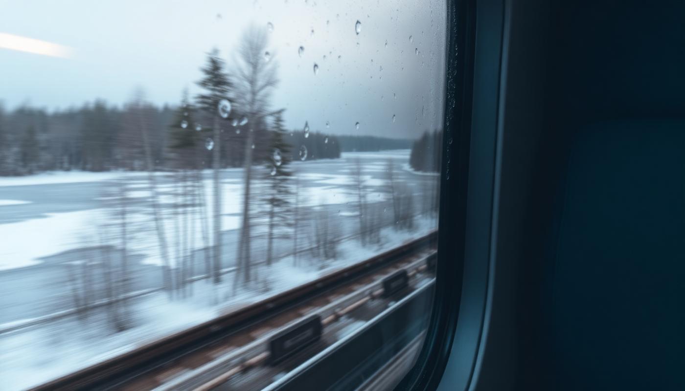 View from a train window across a snow patched mountain plateau in Norway