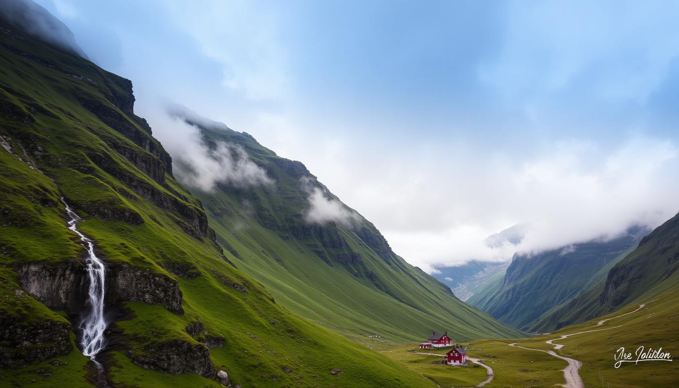 Steep green valley with a farm and waterfall below the Flam railway line