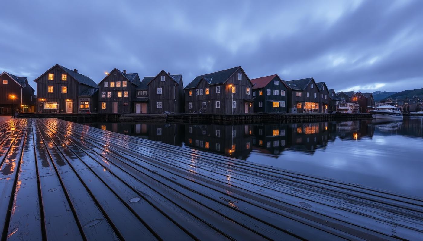 Wooden Hanseatic warehouses along the Bryggen waterfront in Bergen