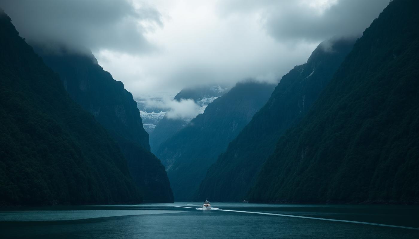 Sheer cliffs rising from dark water in Milford Sound with low cloud above