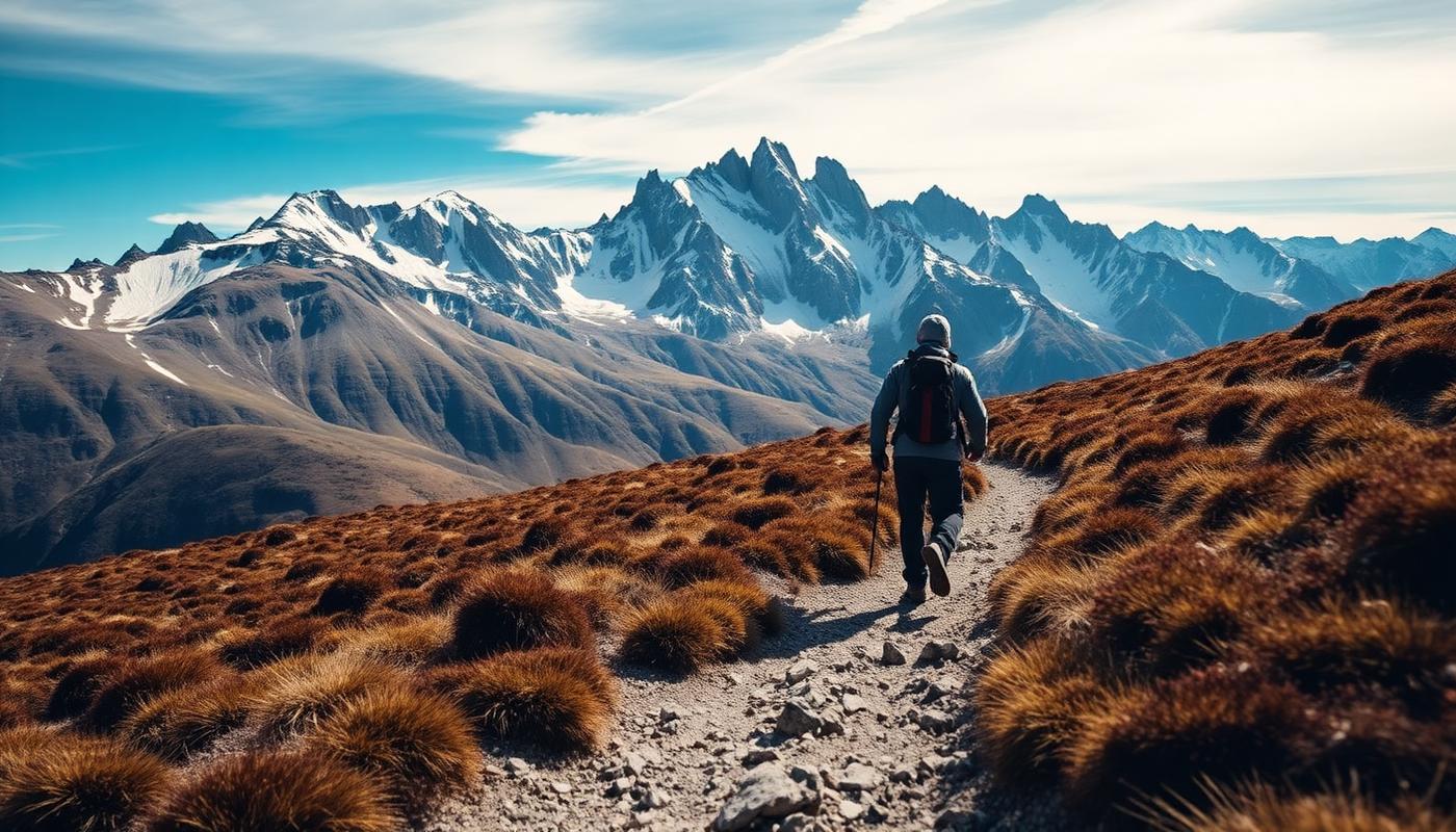 Alpine walking track climbing above a tussock valley in the Southern Alps