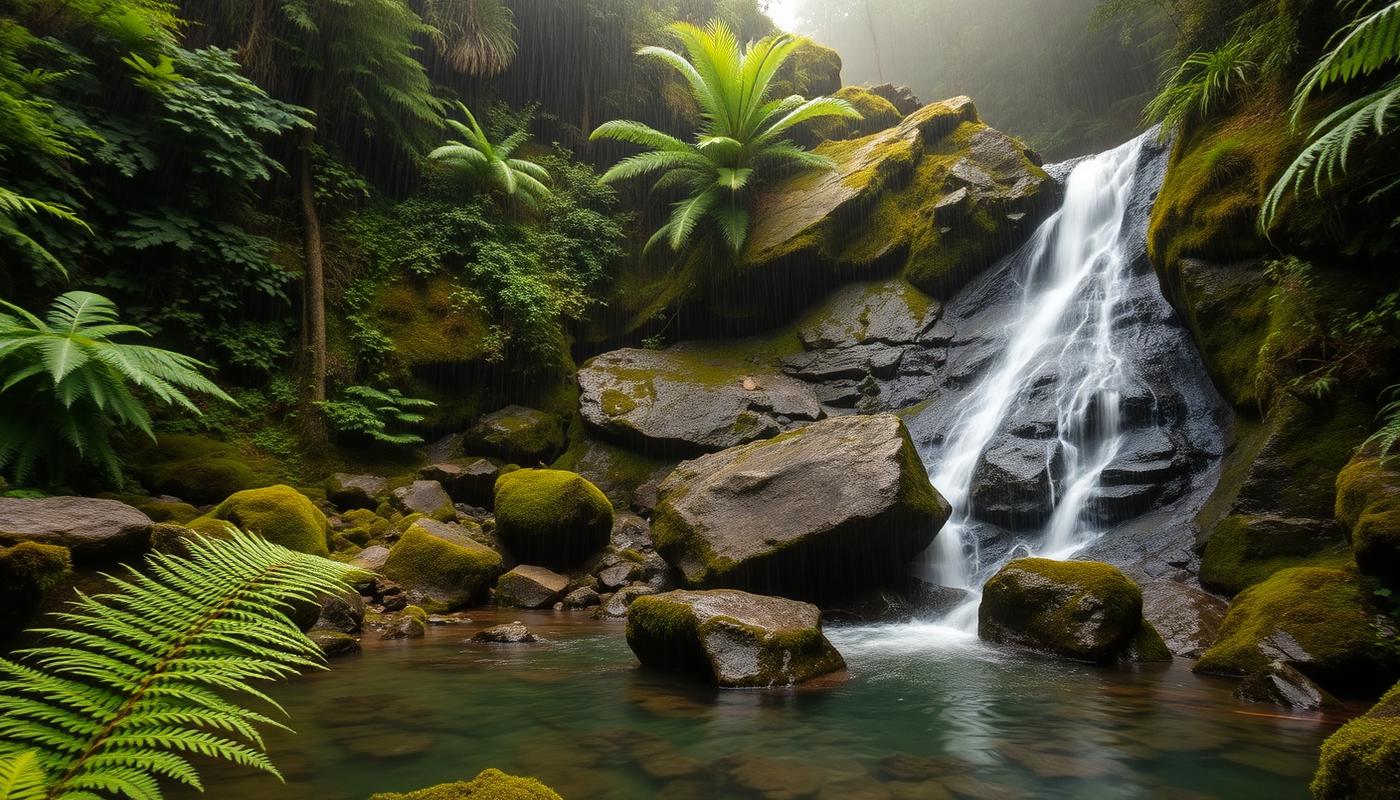 Waterfall falling through dense temperate rainforest with moss covered trees