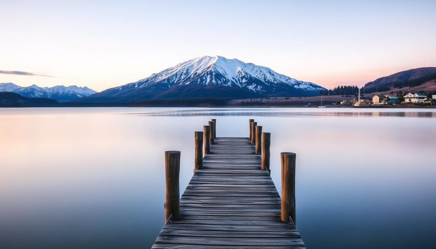 Still water of Lake Wakatipu with mountains behind at first light
