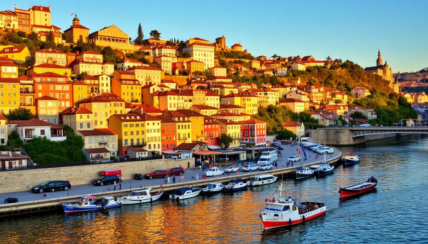 Colourful houses stacked above the Douro riverfront in the Ribeira district of Porto