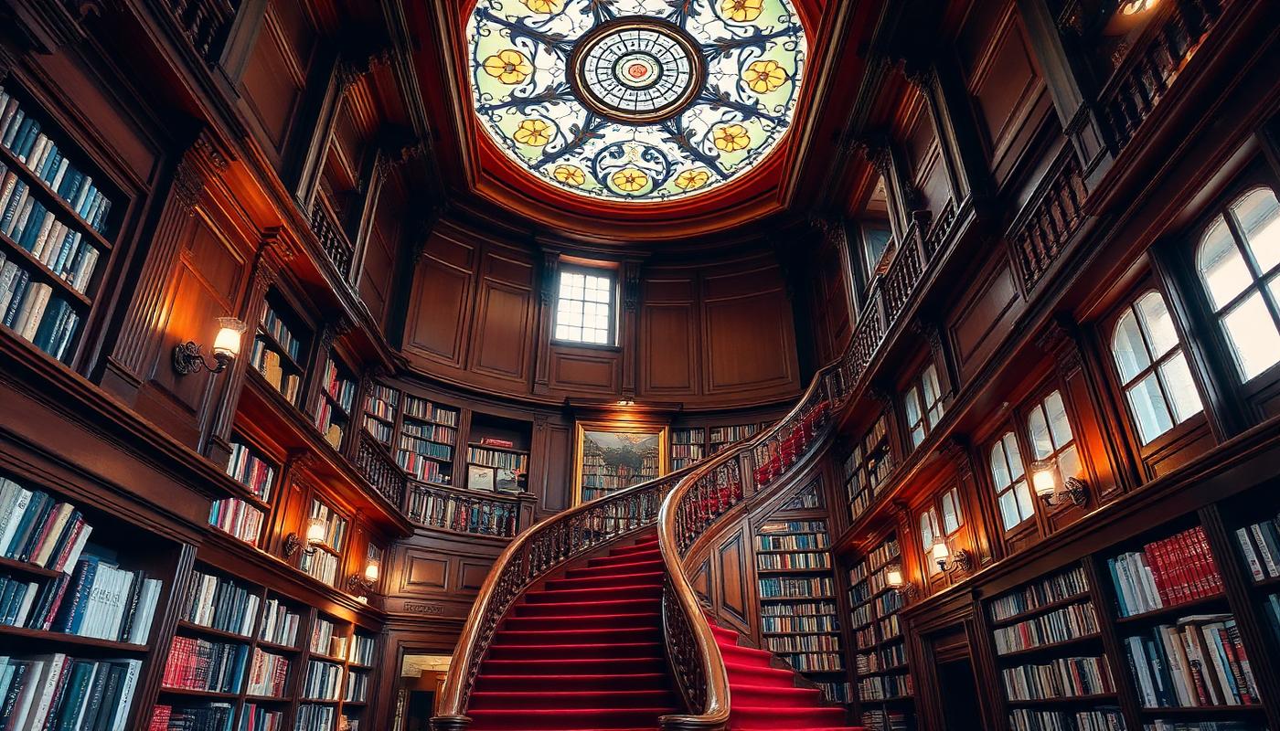 Ornate wooden staircase inside a historic Porto bookshop