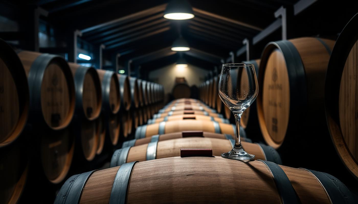 Rows of oak port barrels in a cool cellar in Vila Nova de Gaia