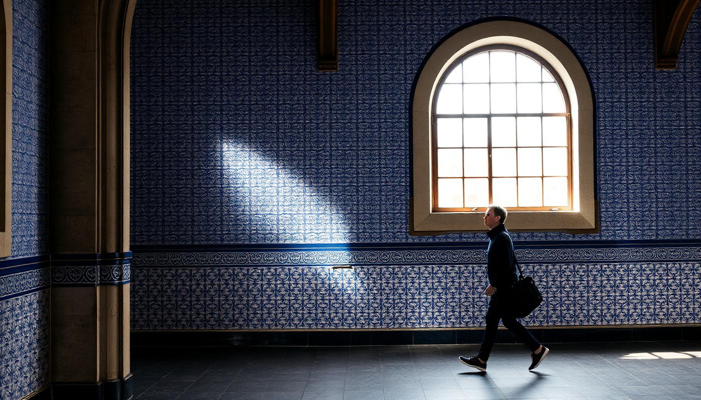 Blue and white azulejo tile panels covering the walls of Sao Bento railway station