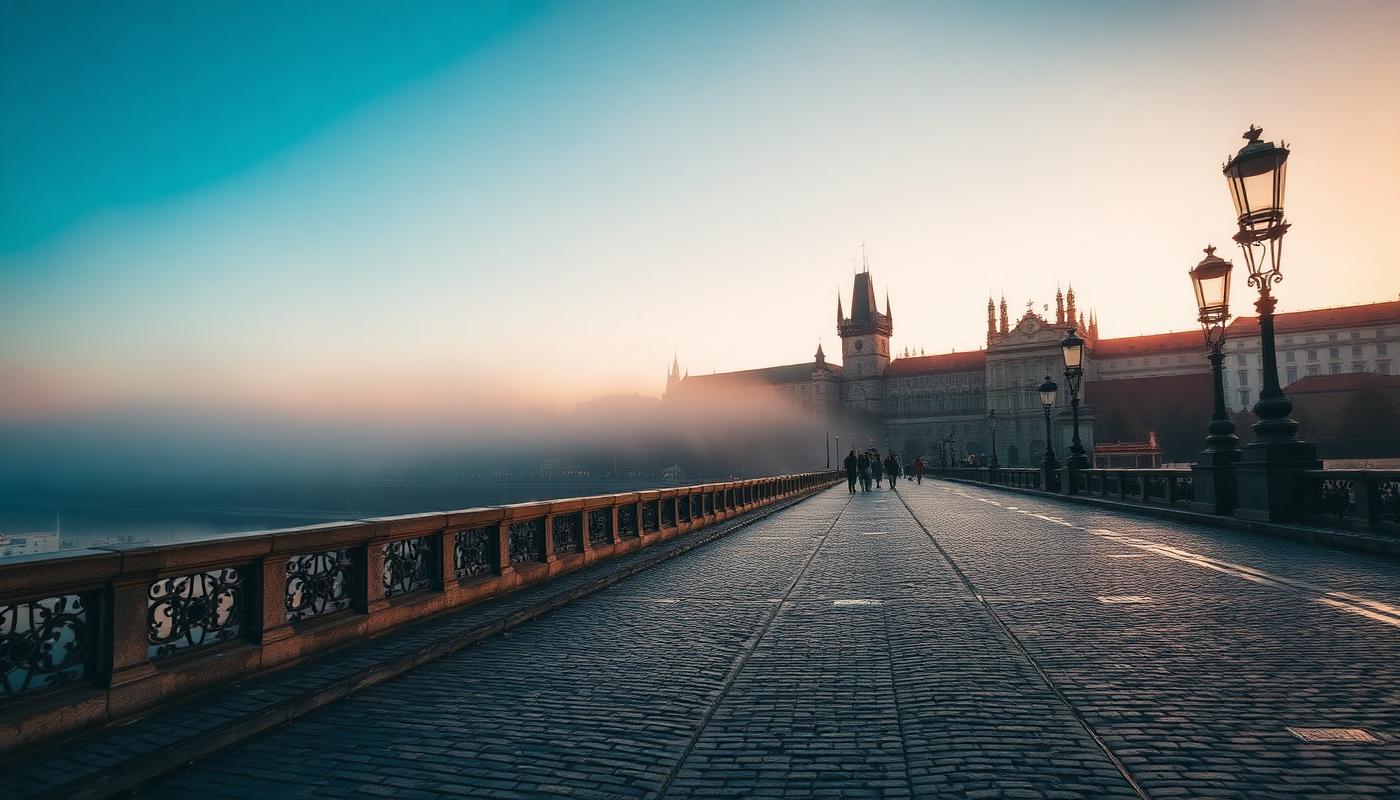 Charles Bridge in Prague at dawn with mist rising from the Vltava river